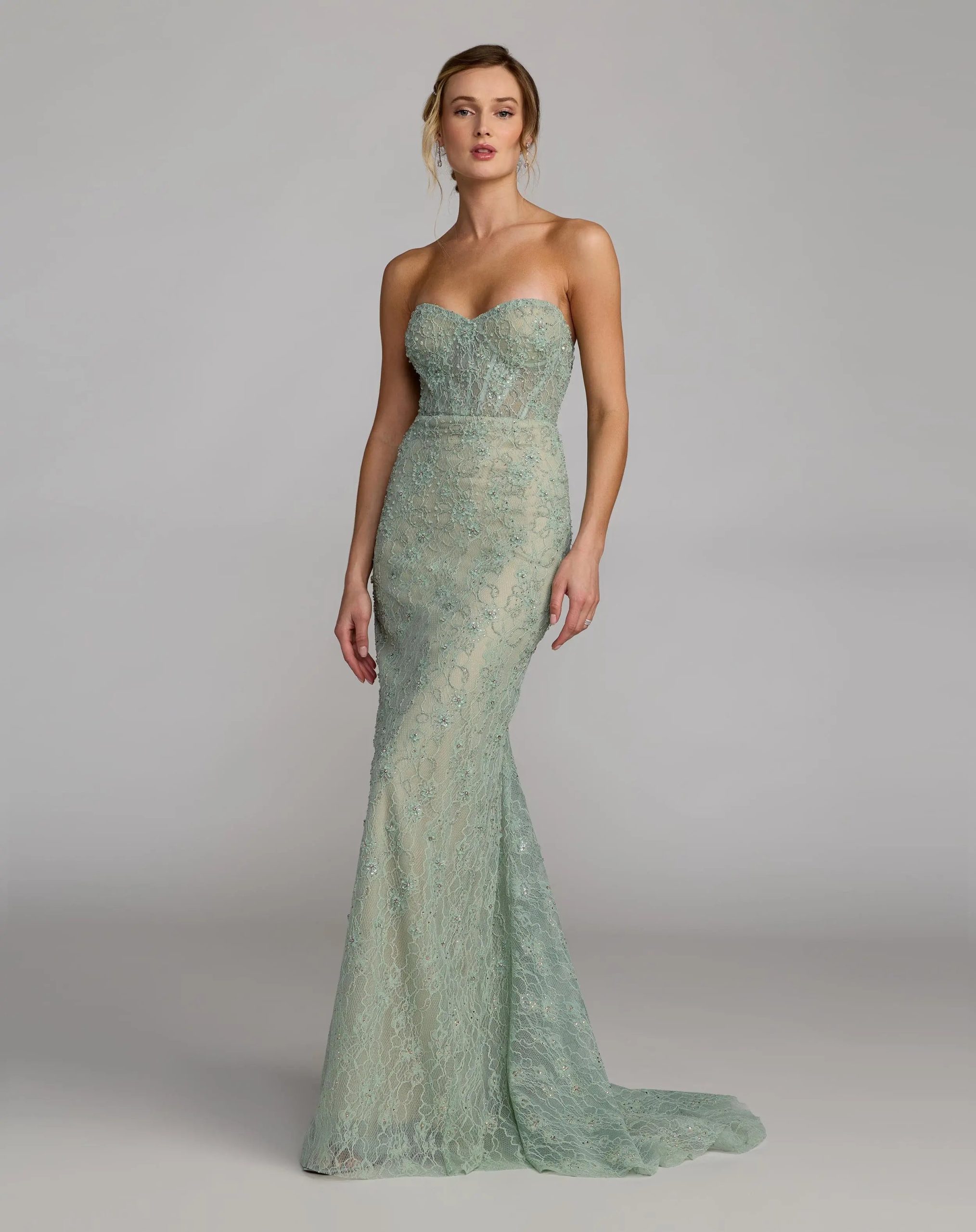 Green Embellished Strapless Bustier Gown With Sweeping Train - Image 4