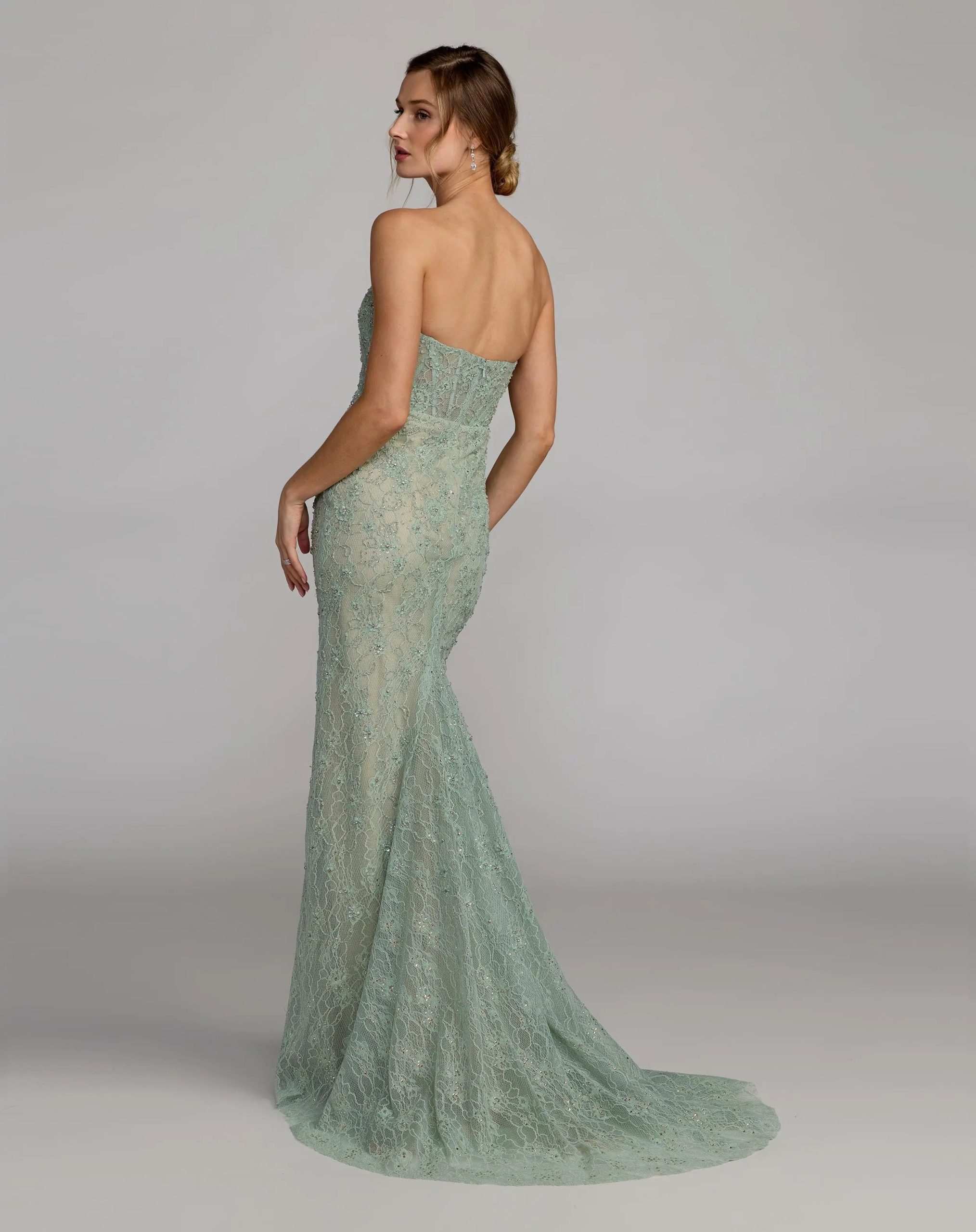 Green Embellished Strapless Bustier Gown With Sweeping Train - Image 6