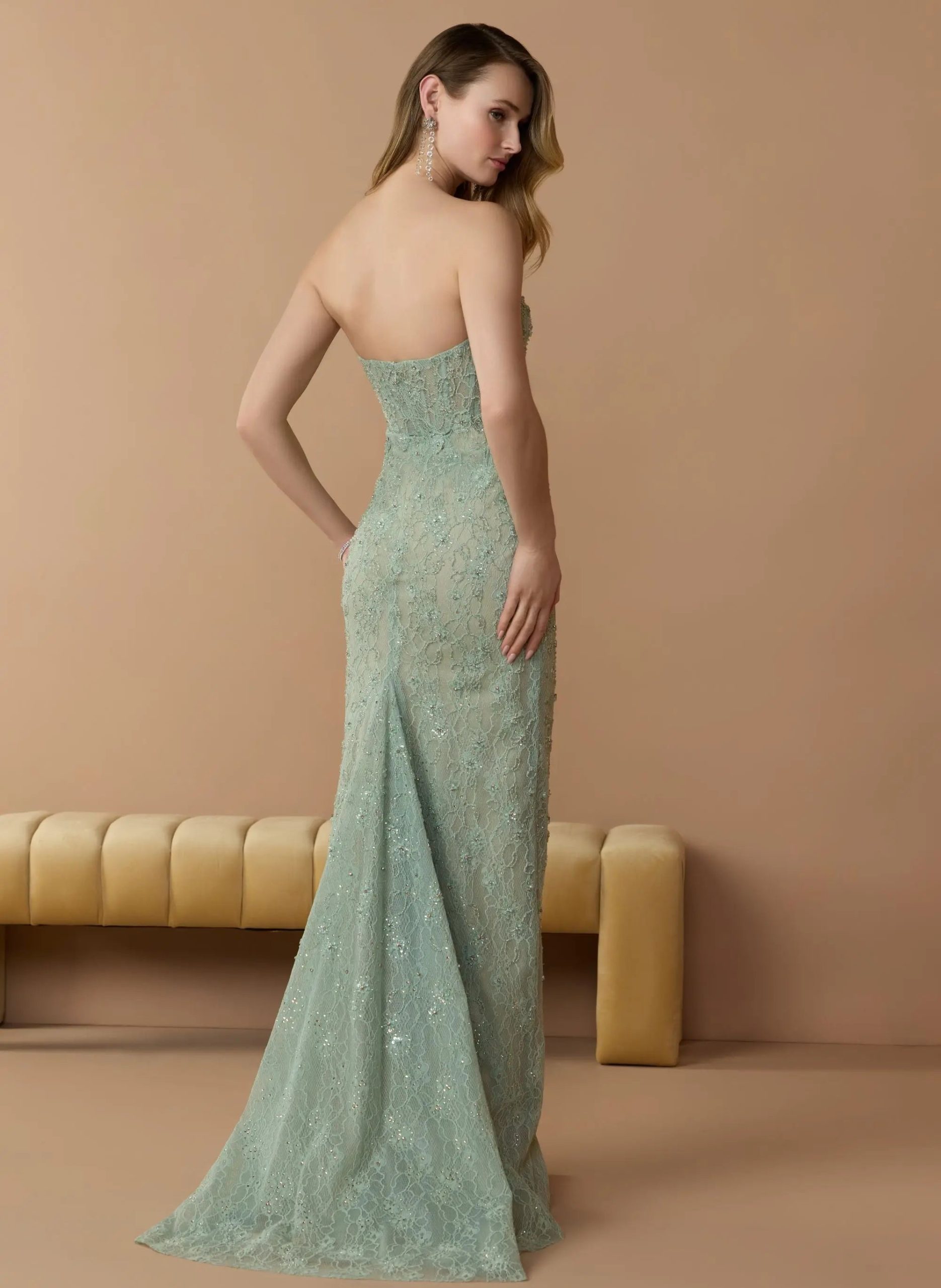 Green Embellished Strapless Bustier Gown With Sweeping Train - Image 3