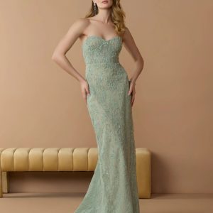 Green Embellished Strapless Bustier Gown With Sweeping Train