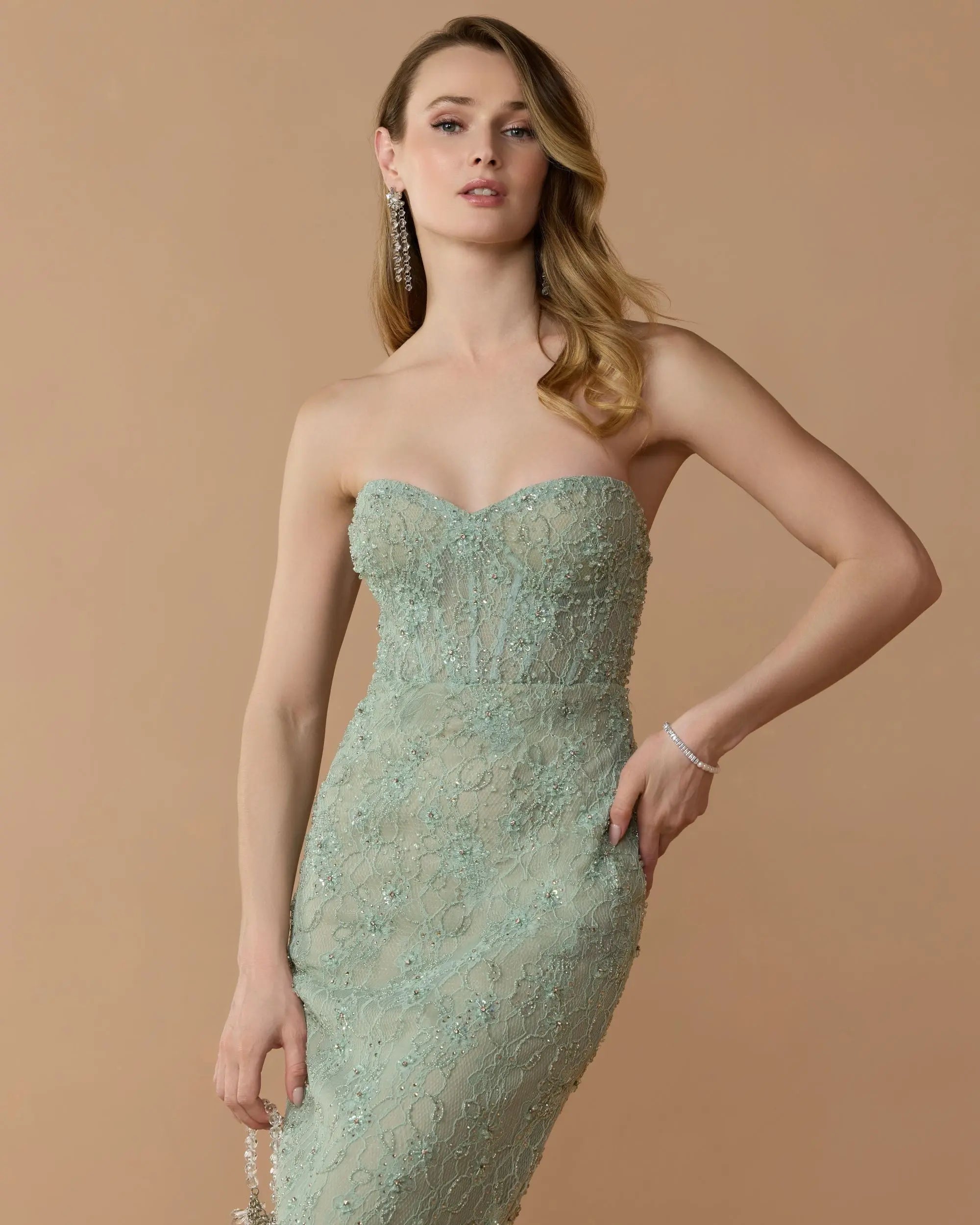 Green Embellished Strapless Bustier Gown With Sweeping Train - Image 2