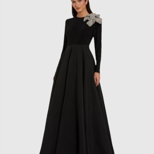 Black Long Sleeve Taffeta Ball Gown With 3D Rhinestone Flower
