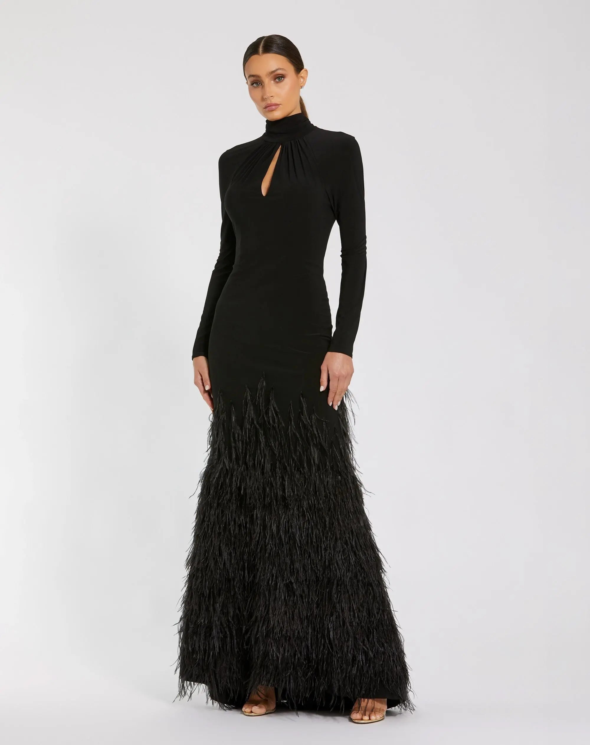 Black Long Sleeve High Neck Feather Trim Gown - Image 4