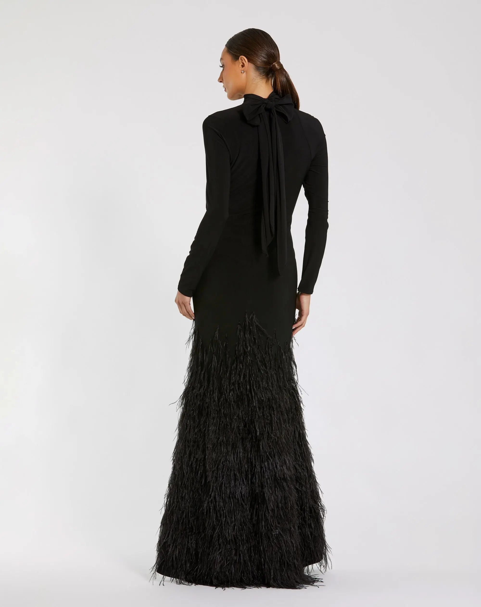 Black Long Sleeve High Neck Feather Trim Gown - Image 6