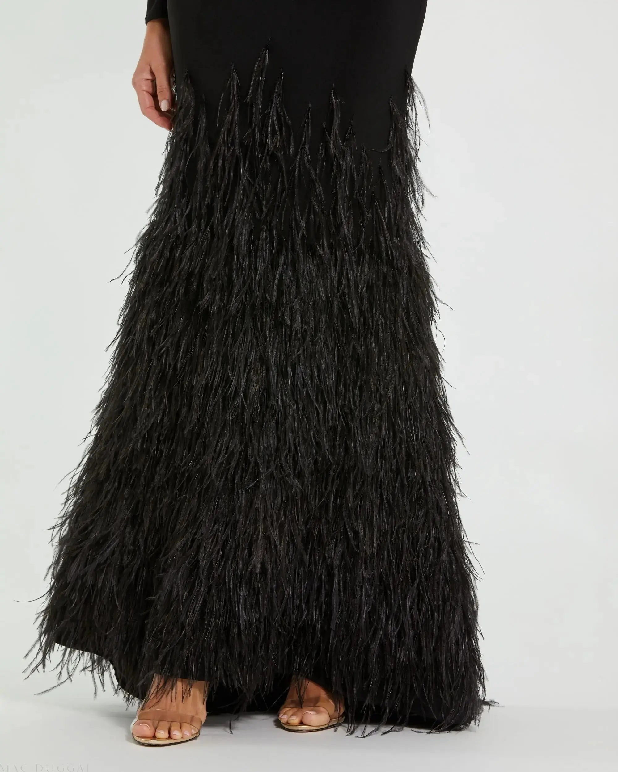 Black Long Sleeve High Neck Feather Trim Gown - Image 5