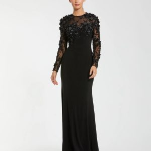 Black Long Sleeve Floral Embellished Column Gown