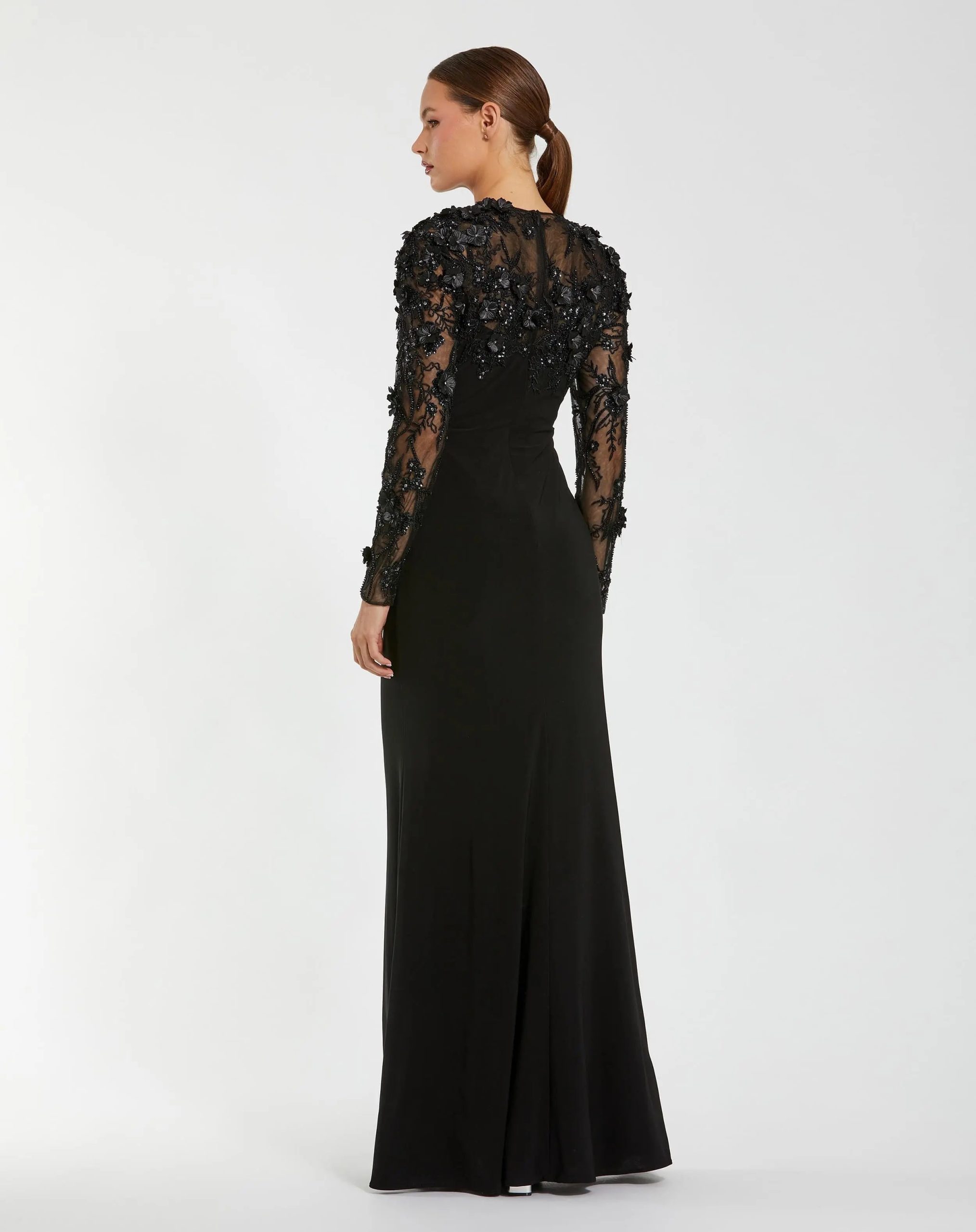 Black Long Sleeve Floral Embellished Column Gown - Image 3