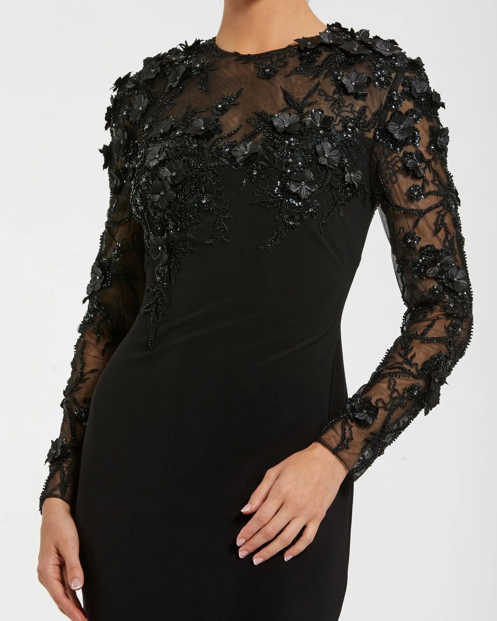 Black Long Sleeve Floral Embellished Column Gown - Image 2