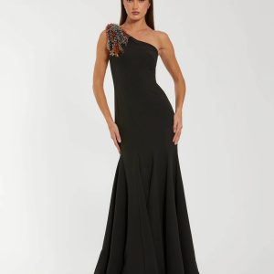 Black One Shoulder Beaded Mermaid Gown