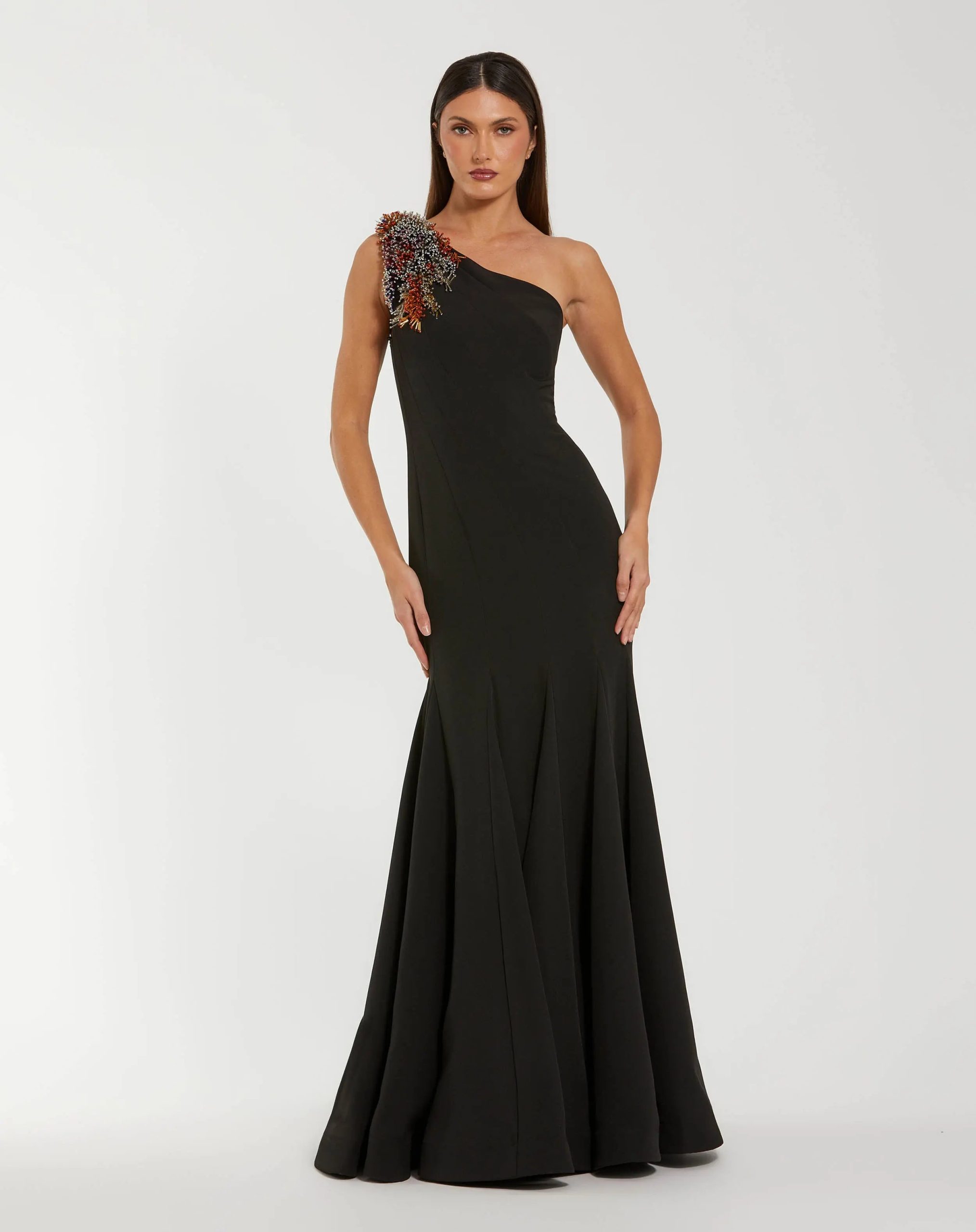 Black One Shoulder Beaded Mermaid Gown