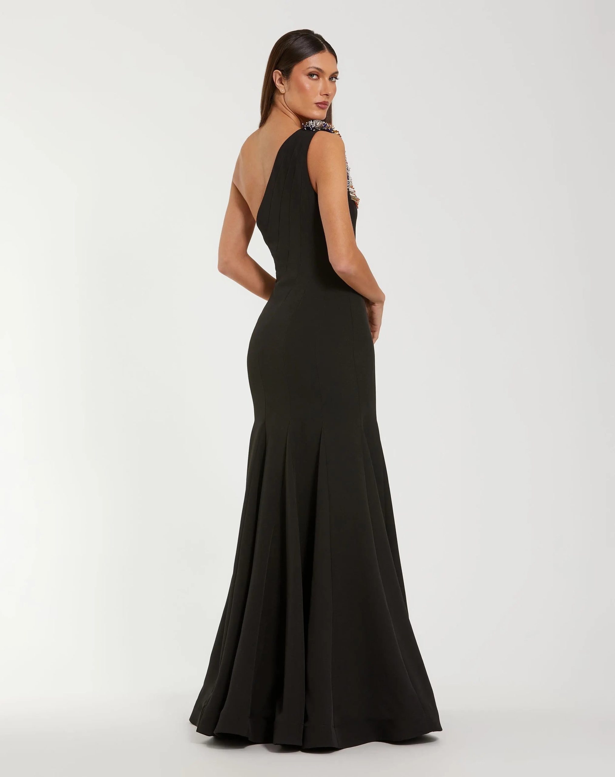 Black One Shoulder Beaded Mermaid Gown - Image 3