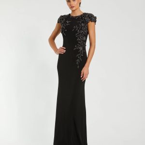 Black Cap Sleeve Jersey Column Gown With Beaded Flowers