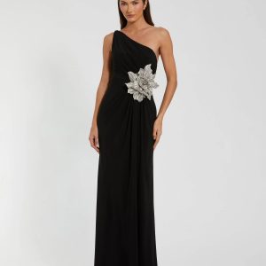 Black One Shoulder Jersey Gown With Rhinestone Flower