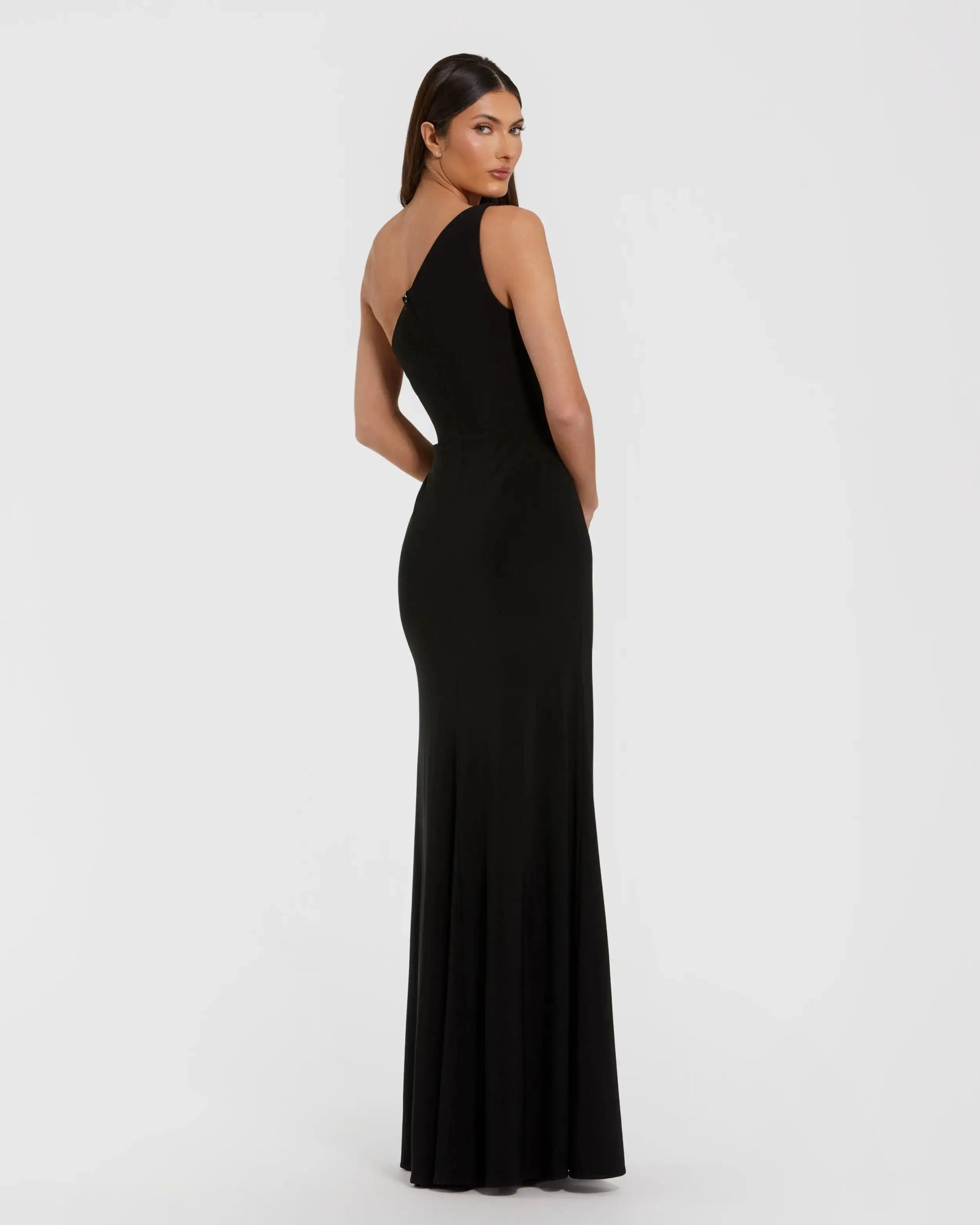 Black One Shoulder Jersey Gown With Rhinestone Flower - Image 3
