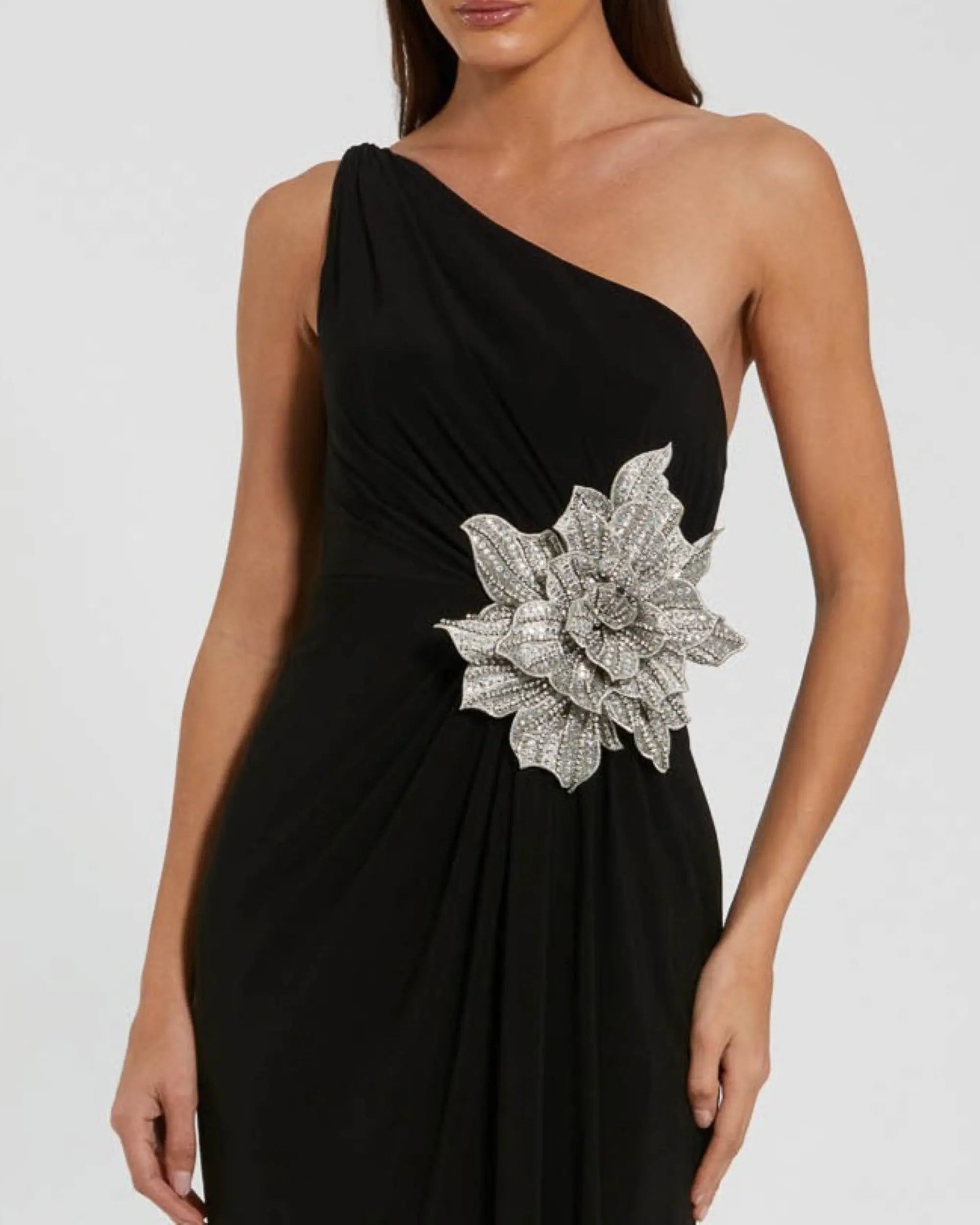 Black One Shoulder Jersey Gown With Rhinestone Flower - Image 2