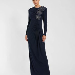 Navy Jersey Long Sleeve Fitted Gown With 3D Flowers