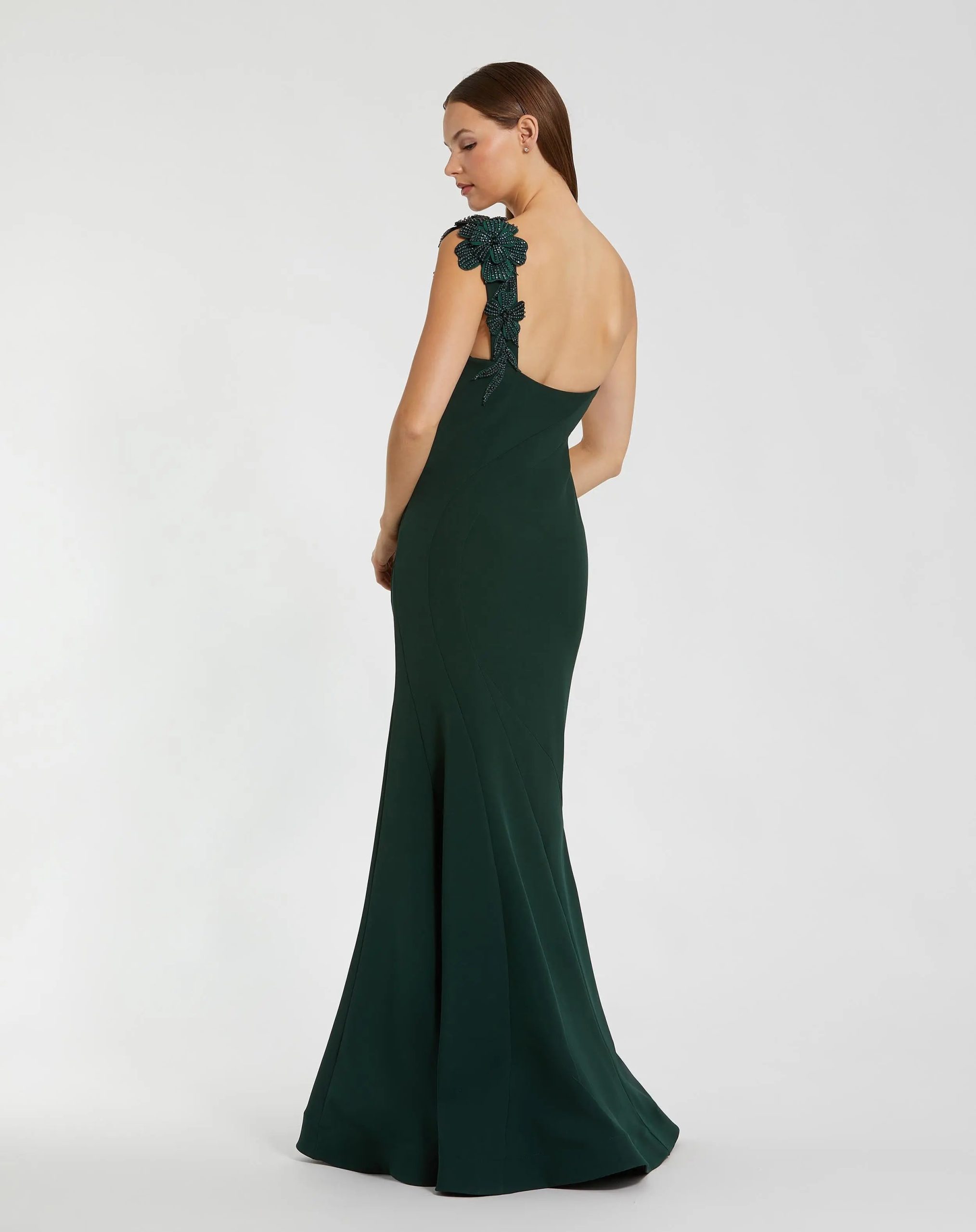 Dark Green Crepe One Shoulder Beaded Flower Mermaid Gown - Image 3