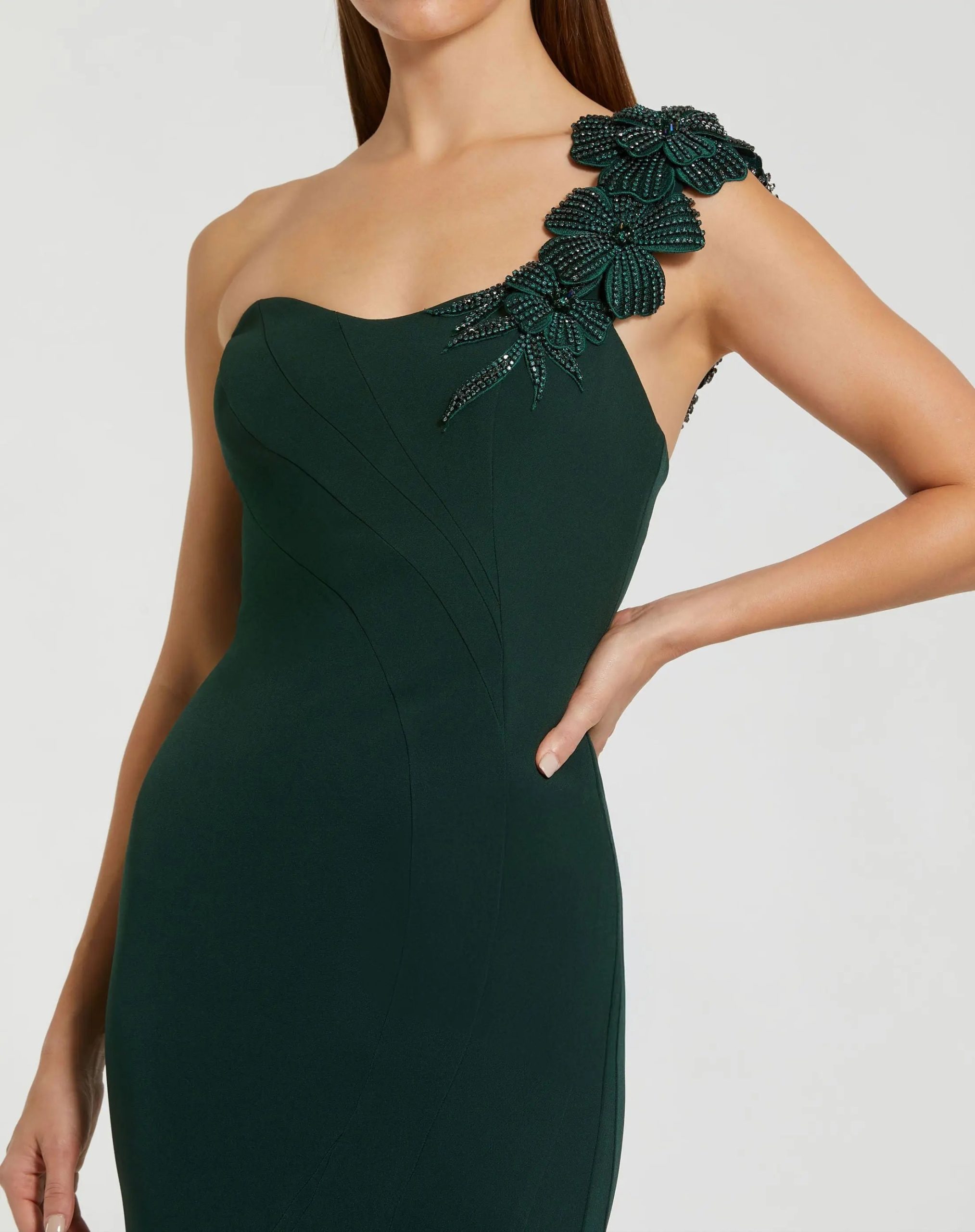 Dark Green Crepe One Shoulder Beaded Flower Mermaid Gown - Image 2