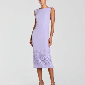 Purple Crepe Sleeveless Midi Dress With Flower Beading