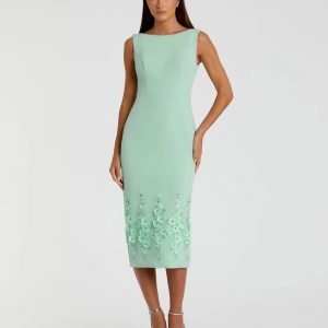 Green Crepe Sleeveless Midi Dress With Flower Beading