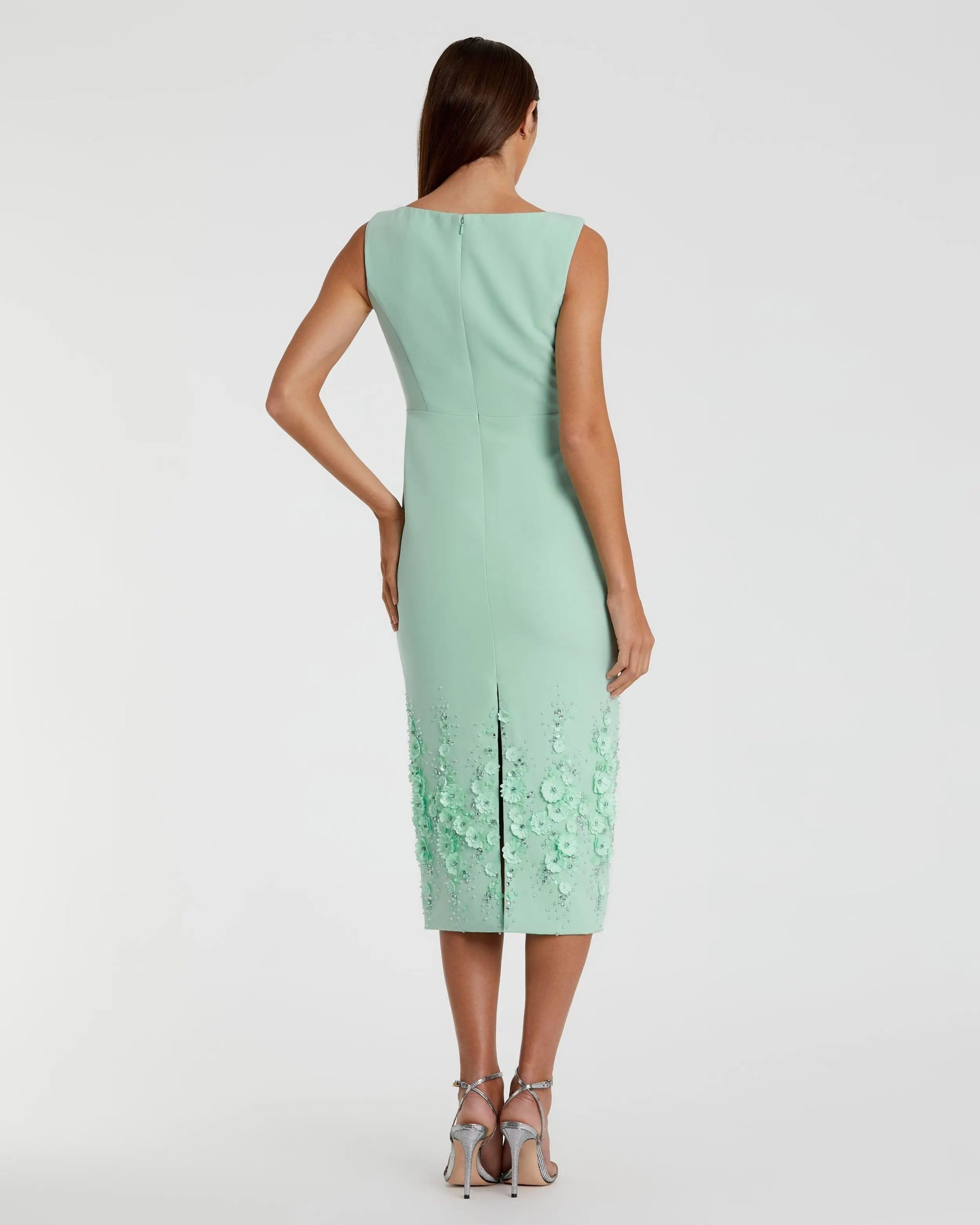 Green Crepe Sleeveless Midi Dress With Flower Beading - Image 3