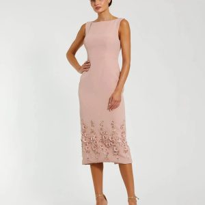 Pink Crepe Sleeveless Midi Dress With Flower Beading