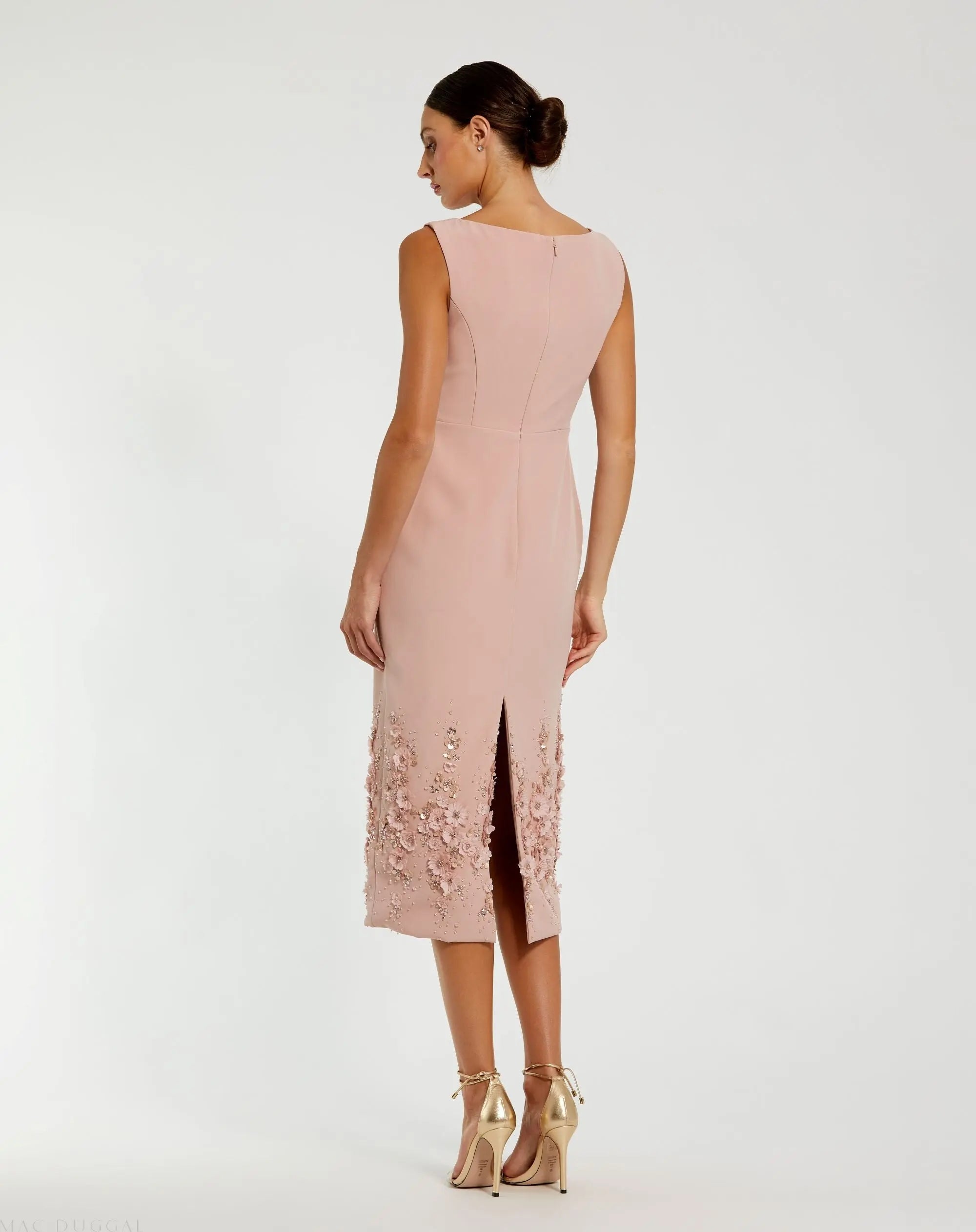 Pink Crepe Sleeveless Midi Dress With Flower Beading - Image 3