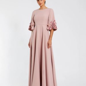 Pink Crepe 3/4 Sleeve A-line Gown With Flower Trim