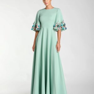 Green Crepe 3/4 Sleeve A-line Gown With Flower Trim