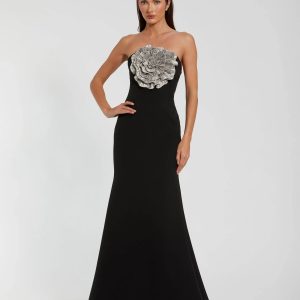Black Strapless Crepe Trumpet Gown with 3D Rhinestone Flower