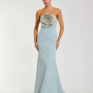 Blue Strapless Crepe Trumpet Gown with 3D Rhinestone Flower