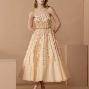 Beige Floral Embellished Strapless A-Line Midi Dress