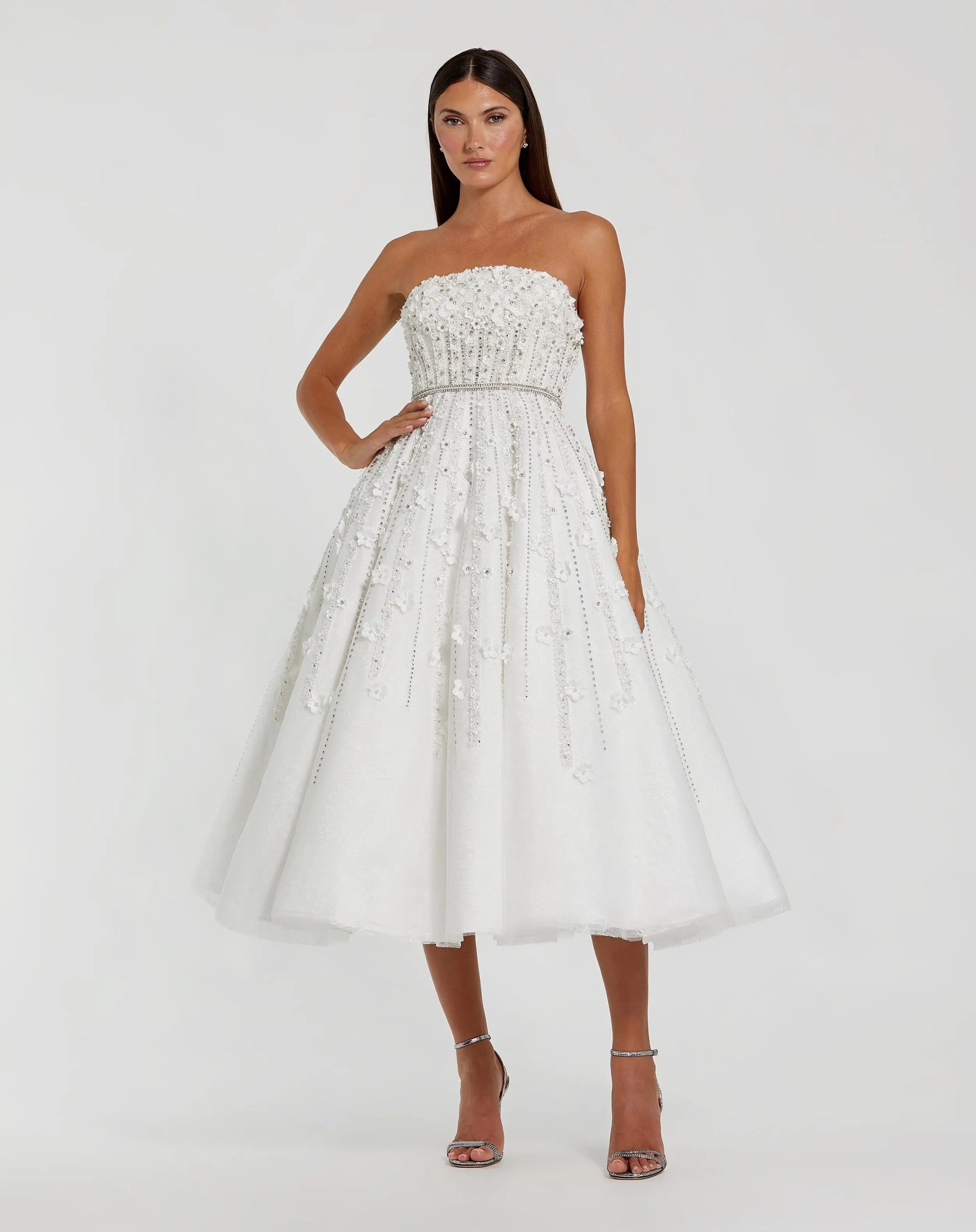 White Floral Embellished Strapless A-Line Midi Dress - Image 4