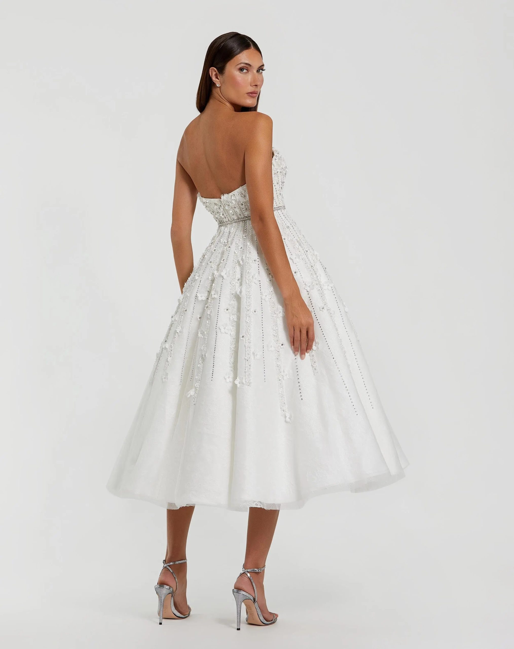 White Floral Embellished Strapless A-Line Midi Dress - Image 6