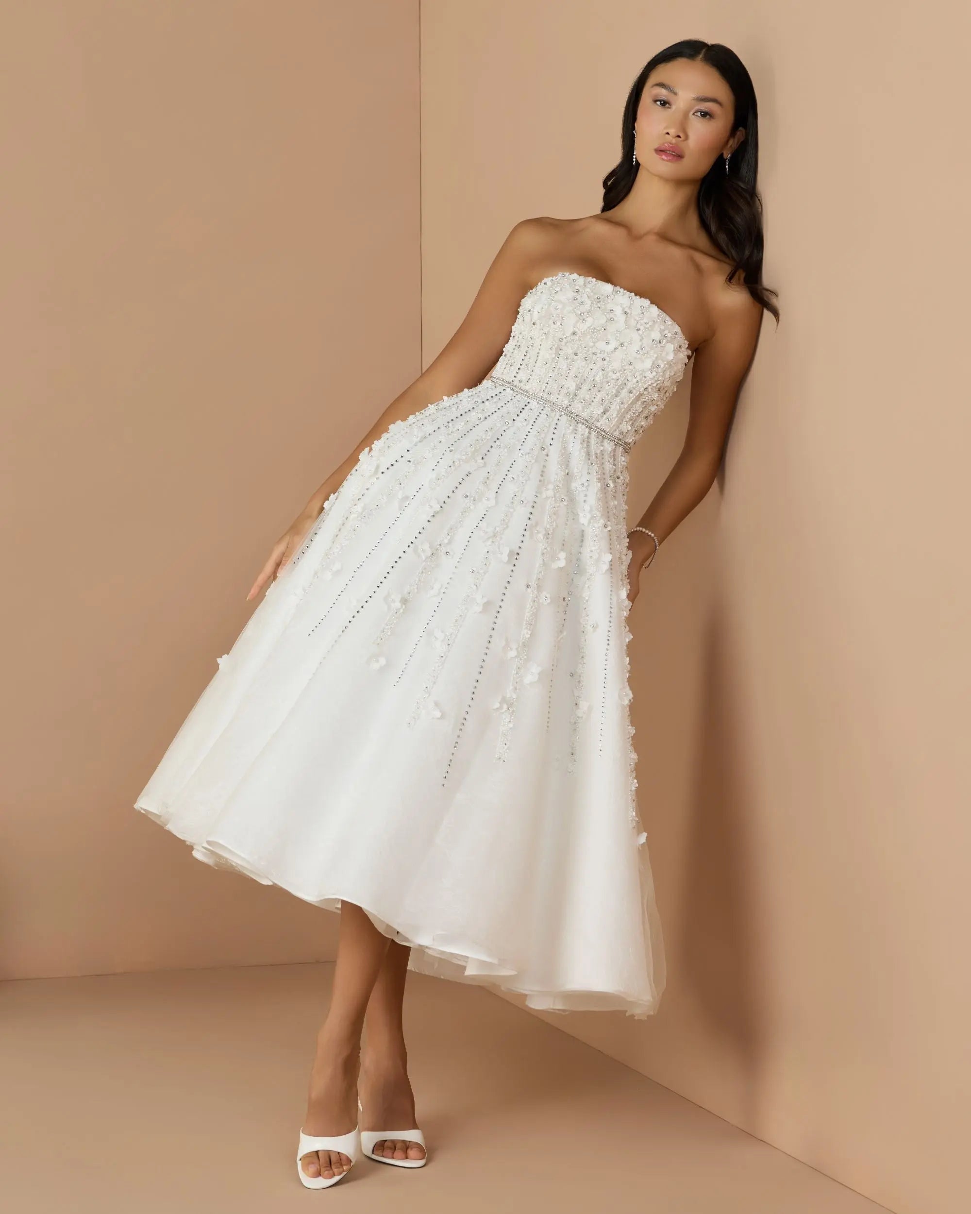 White Floral Embellished Strapless A-Line Midi Dress - Image 3