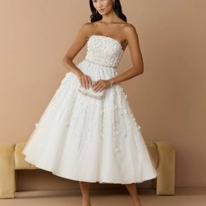 White Floral Embellished Strapless A-Line Midi Dress
