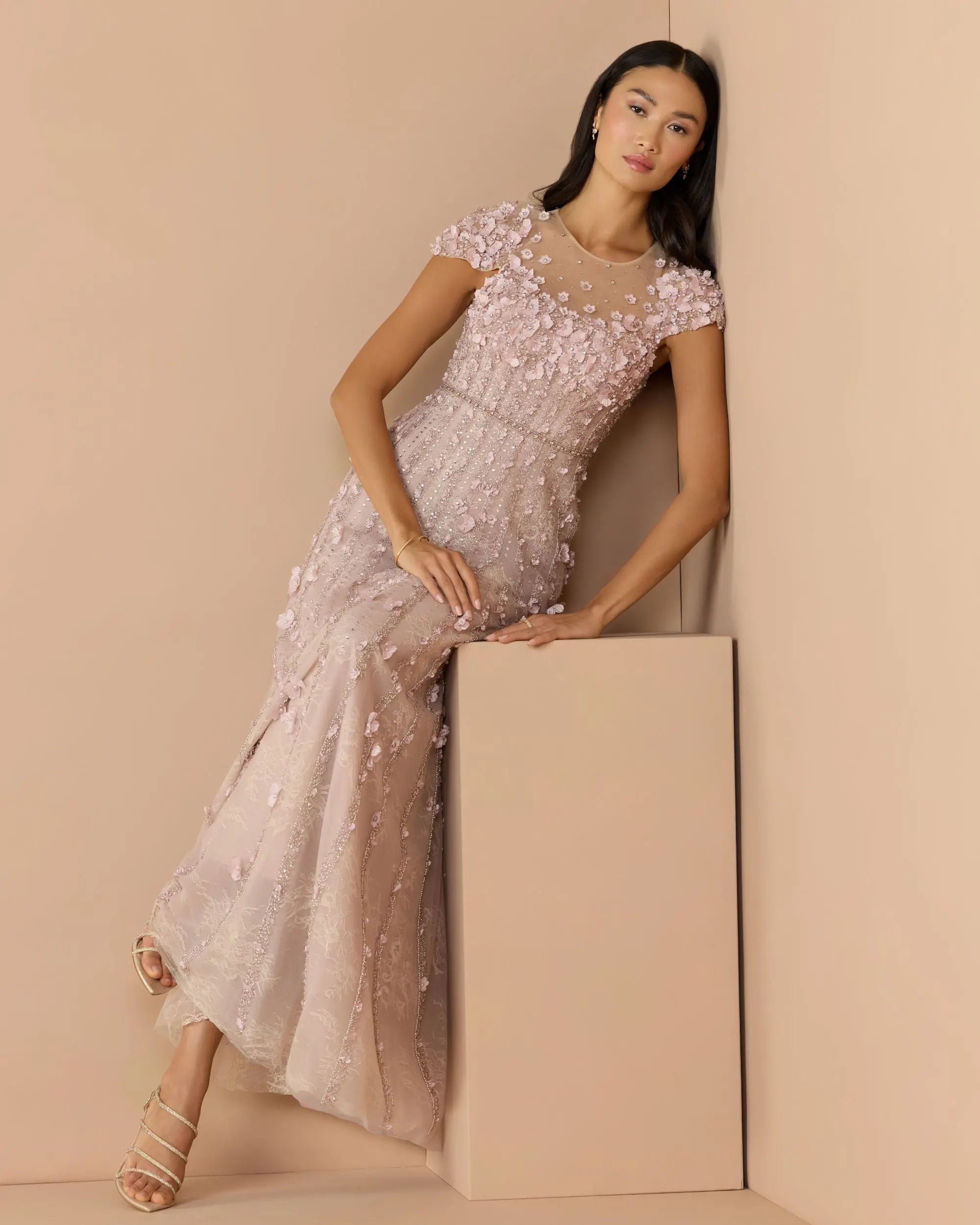 Pink Embellished Lace Illusion Neck A-Line Gown - Image 2