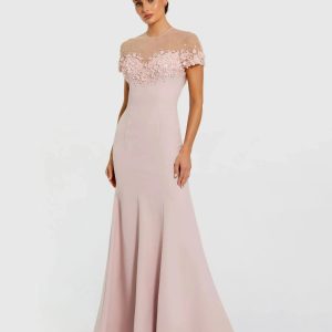 Pink Crepe Mermaid Gown With Beaded Illusion Neck