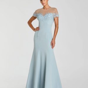 Blue Crepe Mermaid Gown With Beaded Illusion Neck
