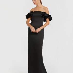 Black Satin 3D Flower Off The Shoulder Mermaid Gown