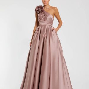 Pink One Shoulder Satin Ball Gown With 3D Flower