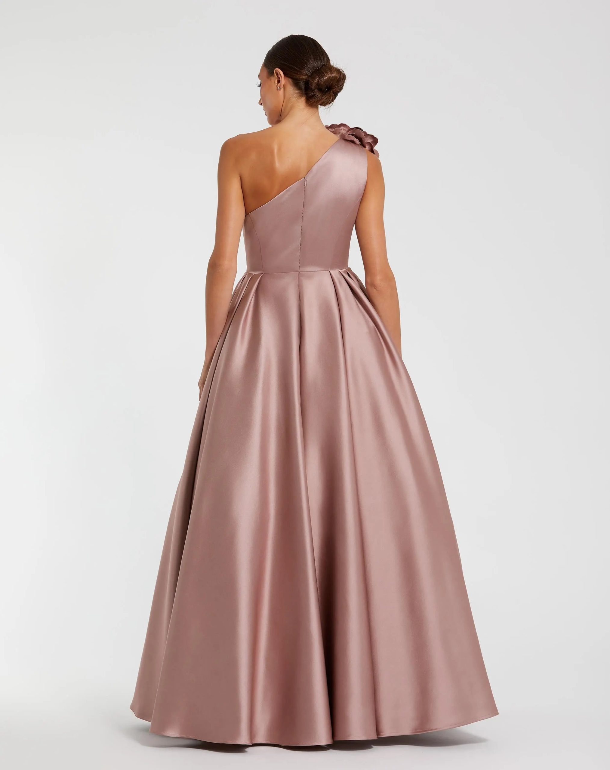 Pink One Shoulder Satin Ball Gown With 3D Flower - Image 3