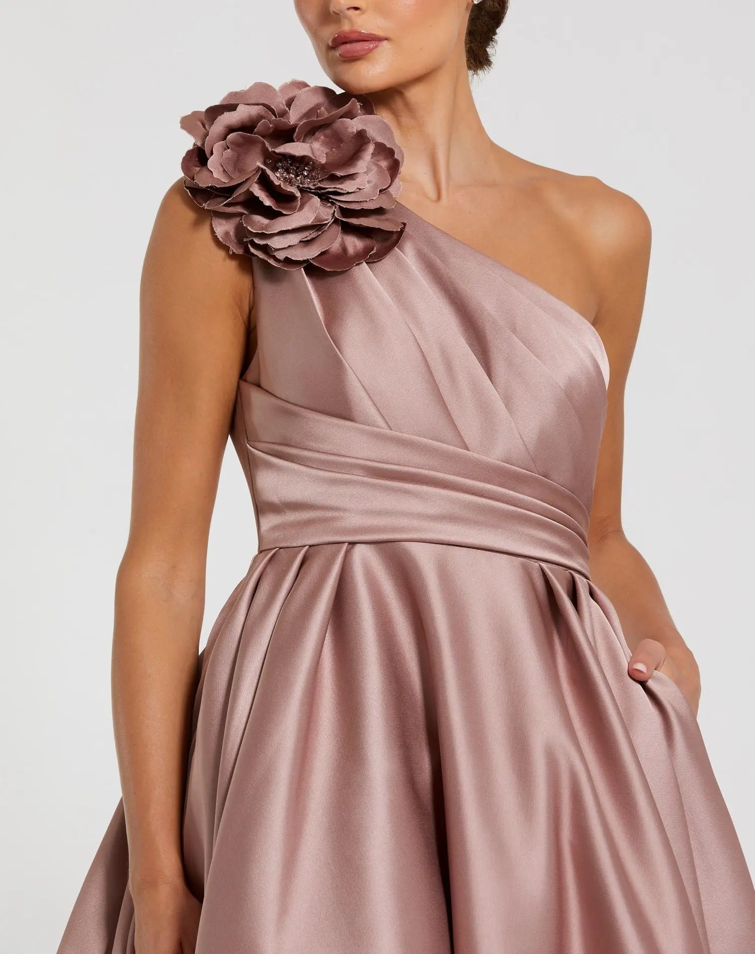 Pink One Shoulder Satin Ball Gown With 3D Flower - Image 2