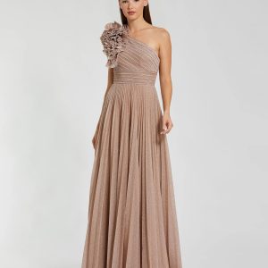 Pink Pleated One Shoulder Ruffle Gown