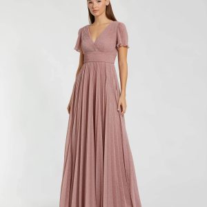 Pink Pleated Metallic Flutter Sleeve A Line Gown