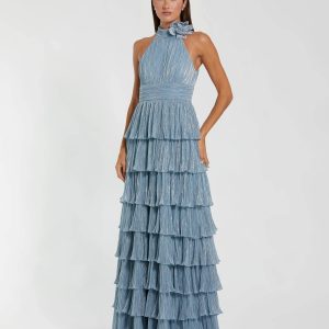 Blue Metallic Halter Neck Ruffle Gown With 3D Flower
