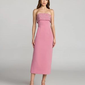 Pink Strapless Crepe Midi Dress With Rhinestone Detail