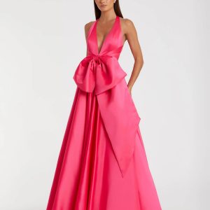 Pink Deep V Satin Ballgown with Oversized Bow