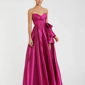 Pink Strapless Taffeta Gown with Ruffles and Slit