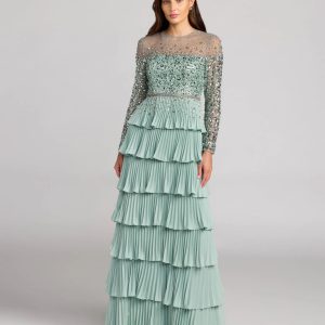 Green Embellished Illusion Long Sleeve Ruffle Gown